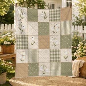 Spookbloemen patchwork deken, cottagecore Halloween plaid, saliegroene bloemen deken, schattig griezelig beddengoed