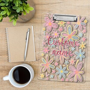 Personalized Flower Clipboard for Teachers, Custom Name Office School Supplies, Cute Pastel Floral Acrylic Clipboard Gift, Floral Stationery