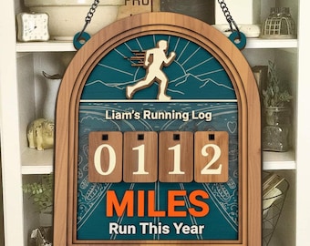 Personalized Running miles tracker sign, running log sign, yearly mileage tracker, wooden mile counter, runner gift, fitness décor