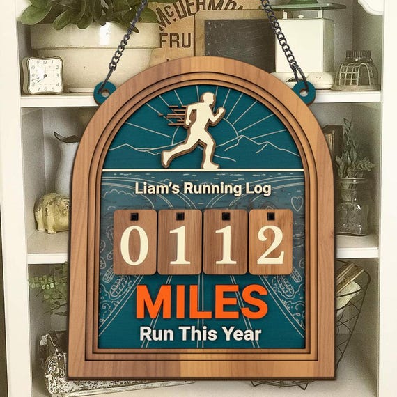 Personalized Running miles tracker sign, running log sign, yearly mileage tracker, wooden mile counter, runner gift, fitness décor