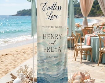 May include: A wedding welcome sign with the words "Endless Love" and the names "Henry and Freya" on a beach. The sign has a watercolor wave design in shades of blue and green, with a date of July 26, 2025.
