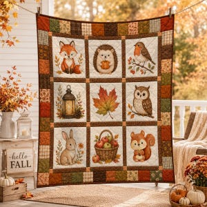 Herbstliche Patchwork-Decke, Kuscheldecke mit Waldtiermotiven, Thanksgiving-Decke, Kürbisdekoration mit Fuchs- und Eulenmotiv