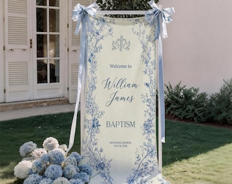 Baptism Linen Welcome Sign, Elegant Blue Floral Baptism Banner, Custom Christening Decor