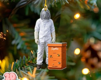 Personalized Beekeeper 2D FLAT Christmas Ornament with Beehive, Custom Name Gift for Beekeepers, Apiary Worker Tree Decoration, Bee Lover