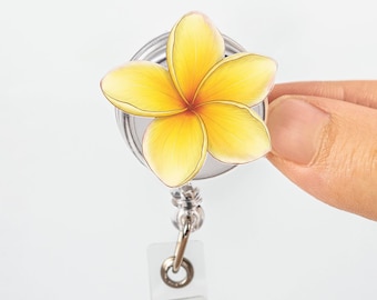 Gelb Plumeria Ausweisrolle, Tropische Blume ID-Clip, Niedliche Krankenschwester Namensschild, Blumenarbeit Ausweishalter, einziehbare Rolle, RN Id Halter, Krankenschwester Geschenk
