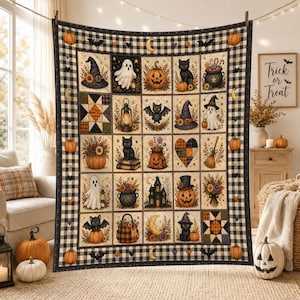 Couverture patchwork d'Halloween, plaid citrouille fantôme effrayant, décoration vintage sorcière