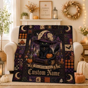 Coperta trapuntata personalizzata per Halloween con gatto, coperta gotica con gatto strega nera, trapunta patchwork spettrale, decorazione regalo personalizzata per Halloween