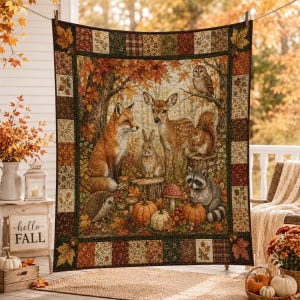 Coperta trapuntata autunnale con animali del bosco, volpe, cervo e gufo, coperta rustica con zucche.