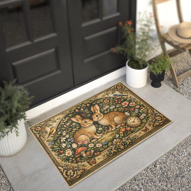 Door Frame Rabbits Vintage Bunny Rabbit Doormat, Cottage Garden Floral Entry Rug - Etsy