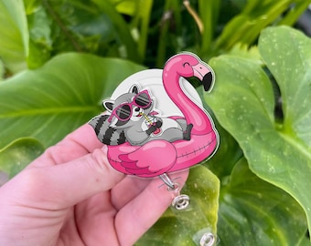 Raccoon on Flamingo Floatie Badge Reel – Summer Animal ID Holder