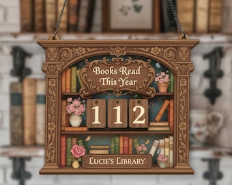 Vintage Bookshelf Reading Tracker Sign, Personalized Book Counter Decor, Custom Library Sign, Book Lover Gift, Reading Goals