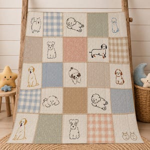 Cute Dog Patchwork Quilt Blanket, Puppy Lover Throw, Neutral Cottagecore Quilt, Pet Lover Bedding