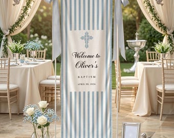 Personalized Baptism Linen Welcome Sign, Custom Christening Banner, Baby Party Decor