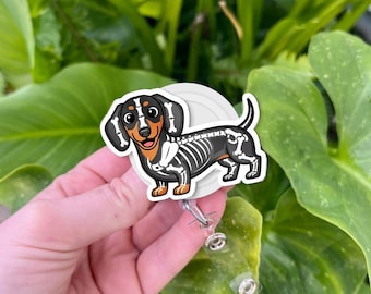 Carrete de insignias de esqueleto de perro salchicha: clip de perro salchicha de Halloween