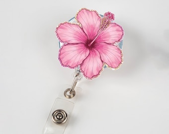 Pink Hibiscus Badge Reel, Floral ID Holder for Nurses, Tropical Retractable Name Tag, Cute Work Badge Clip for Summer Vibes, RN Id Holder