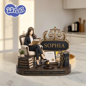 Puede incluir: Un adorno de escritorio decorativo con una figura con traje sentada en una silla, una pila de libros etiquetados como Legal Research, Contract Law, Criminal Law y Civil Procedure, un mazo, una balanza de justicia y el nombre Sophia.
