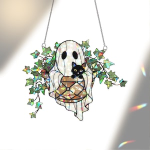 Ghost and Black Cat Acrylic Window Hanging, Holographic Ivy Window Decor, Cute Spooky Hanging Decor, Halloween Cat Ghost Gift
