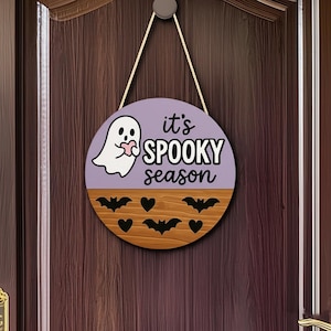 It’s Spooky Season Wooden Door Sign, Halloween Ghost Door Hanger, Fall Porch Decor, Rustic Halloween Wood Sign, Cute Bat Heart Design