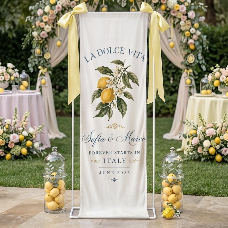 Italian Lemon Wedding Linen Sign, La Dolce Vita Banner, Amalfi Coast Wedding Decor, Personalized Welcome Sign, Citrus Bridal Shower