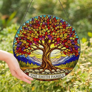 Personalized Tree of Life Glass Suncatcher, Custom Stained Glass Family Name Sign, Colorful Hanging Window Decor, Nature Gift,Family Reunion