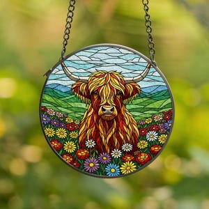 Highland Cow Glass Suncatcher – Colorful Floral Window Hanging – Farmhouse Boho Decor for Cow Lovers & Nature Enthusiasts, Farm House Decor