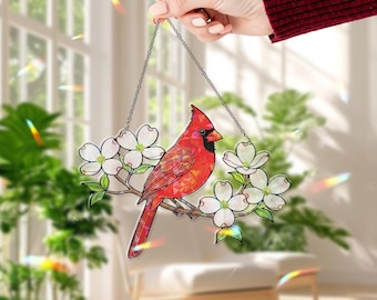 Hologram Cardinal with Dogwood Flowers, Colorful Stained Glass Window Hanging, Red Bird Suncatcher, Nature Home Decoration, Handmade Gift