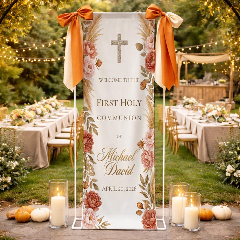 Custom First Holy Communion Linen Sign, Floral Religious Welcome Banner ...