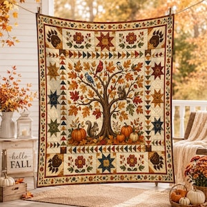 Autumn Tree of Life Quilt Blanket, Fall Harvest Throw, Pumpkin Squirrel Bird Quilt, Rustic Farmhouse Bedding