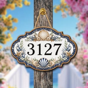 Coastal House Number Sign, Beach Address Plaque, Nautical Seashell Decor
