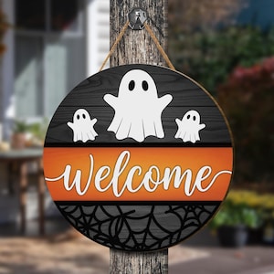 Halloween Welcome Sign, Wooden Ghost Door Hanger with Spiderweb Design, Spooky Farmhouse Porch or Wall Decoration, Fall Home Decor