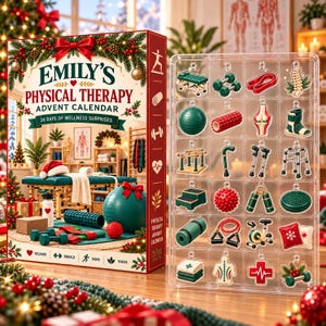 May include: A physical therapy advent calendar box featuring holiday decorations and the text Emily's Physical Therapy Advent Calendar 24 Days of Wellness Surprises. Beside it is a clear plastic tray containing 24 small physical therapy themed ornaments.