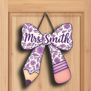 Chinoiserie Teacher Door Sign, Personalized Pencil Bow Wooden Hanger, Custom Classroom Decor, Back to School Gift for Teacher, Class Sign