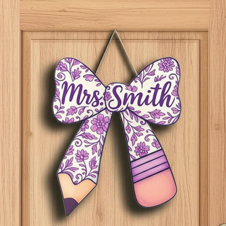 Chinoiserie Teacher Door Sign, Personalized Pencil Bow Wooden Hanger, Custom Classroom Decor, Back to School Gift for Teacher, Class Sign