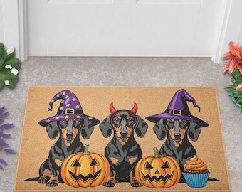 Halloween Dachshund Doormat, Cute Fall Dog Welcome Mat With