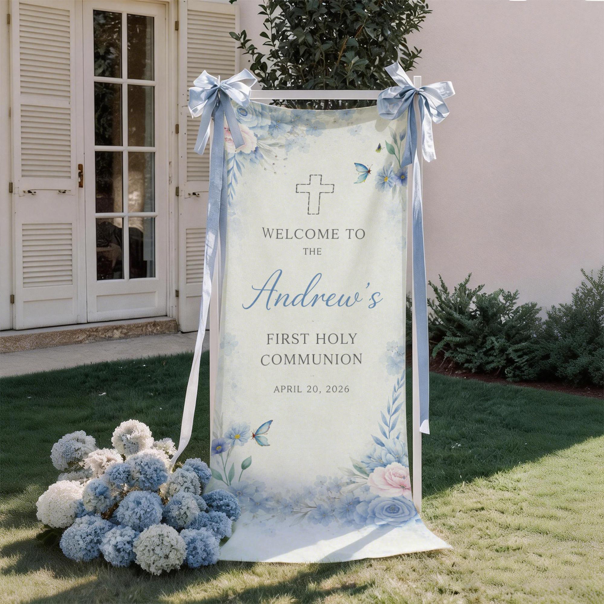 Personalized First Holy Communion Welcome Sign, Floral Linen Banner ...