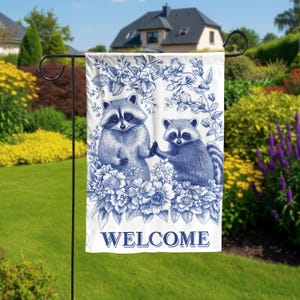 Raccoon and Opossum Welcome Garden Flag, Floral Outdoor Yard Sign, Animal Porch Decor, Vintage Toile Garden Banner, Blue Chinoiserie Flag