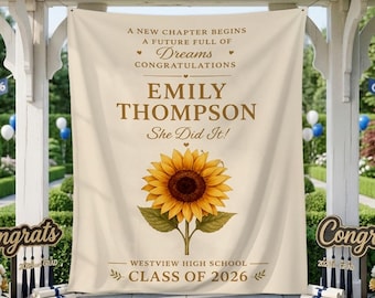 Personalized Graduation Tapestry, Sunflower Grad Banner, Custom Name Congrats Sign