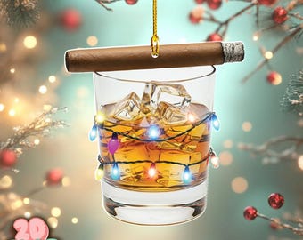Personalized Whiskey Glass Christmas Ornament, Cigar and Lights, Bourbon Lover Gift