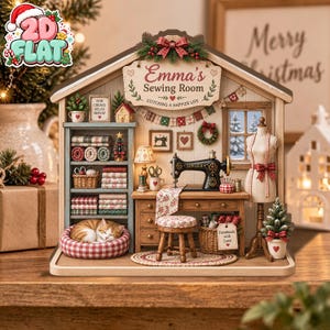 May include: A miniature sewing room diorama featuring a wooden structure with a sign reading Emma's Sewing Room, a black Singer sewing machine, a mannequin, a shelf with fabric rolls, a sleeping ginger cat in a red plaid bed, and holiday decor.