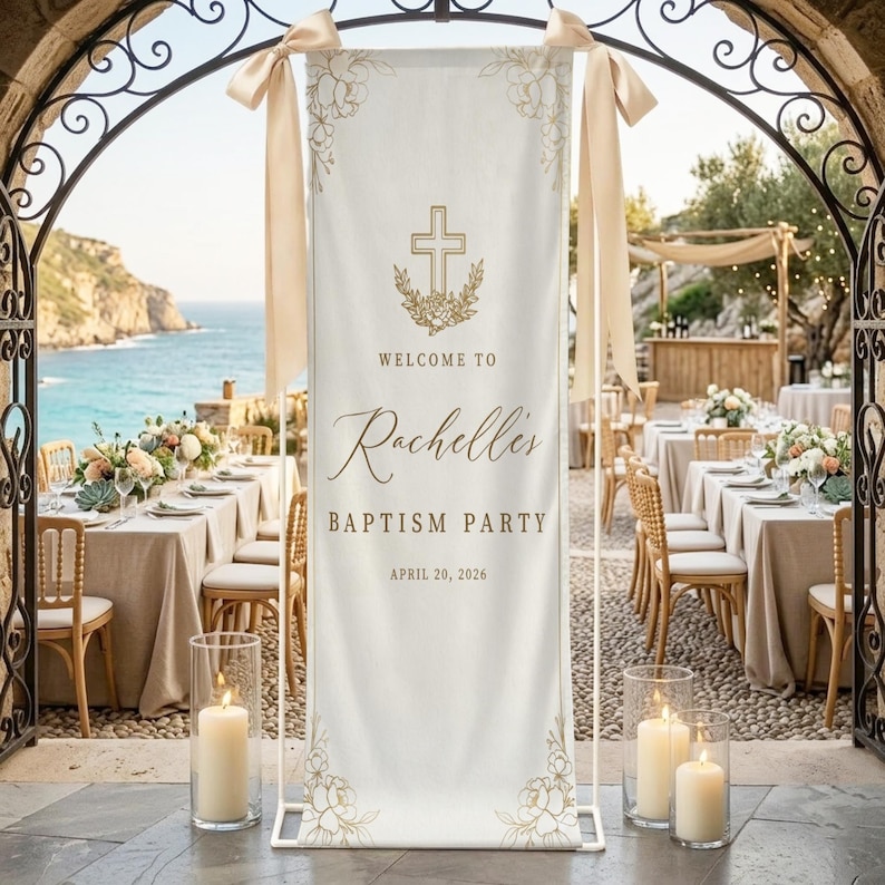 Personalized Linen Baptism Welcome Sign, Elegant Cross Christening ...