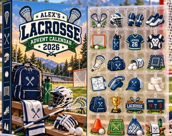 May include: Alex's Lacrosse Advent Calendar 2026 box featuring a lacrosse backpack, helmet, and stick on a bench. Beside it, a clear plastic tray displays twenty-four small lacrosse-themed charms, including jerseys, balls, a trophy, and a scoreboard.