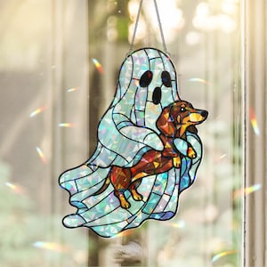 Ghost Hugging Dachshund Holographic ACRYLIC Suncatcher, Halloween Dog Window Hanging, Cute Spooky Pet Decor, Doxie Halloween Gift
