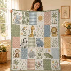 Safari Baby Quilt Blanket, Scandinavian Nursery Animal Patchwork Throw, Jungle Baby Bedding, Neutral Baby Shower Gift Decor