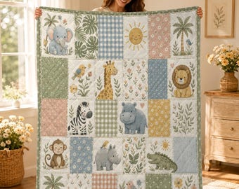 Safari babydeken, Scandinavische babykamerdeken met dierenpatchwork, jungle babybeddengoed, neutrale decoratie voor een babyshower