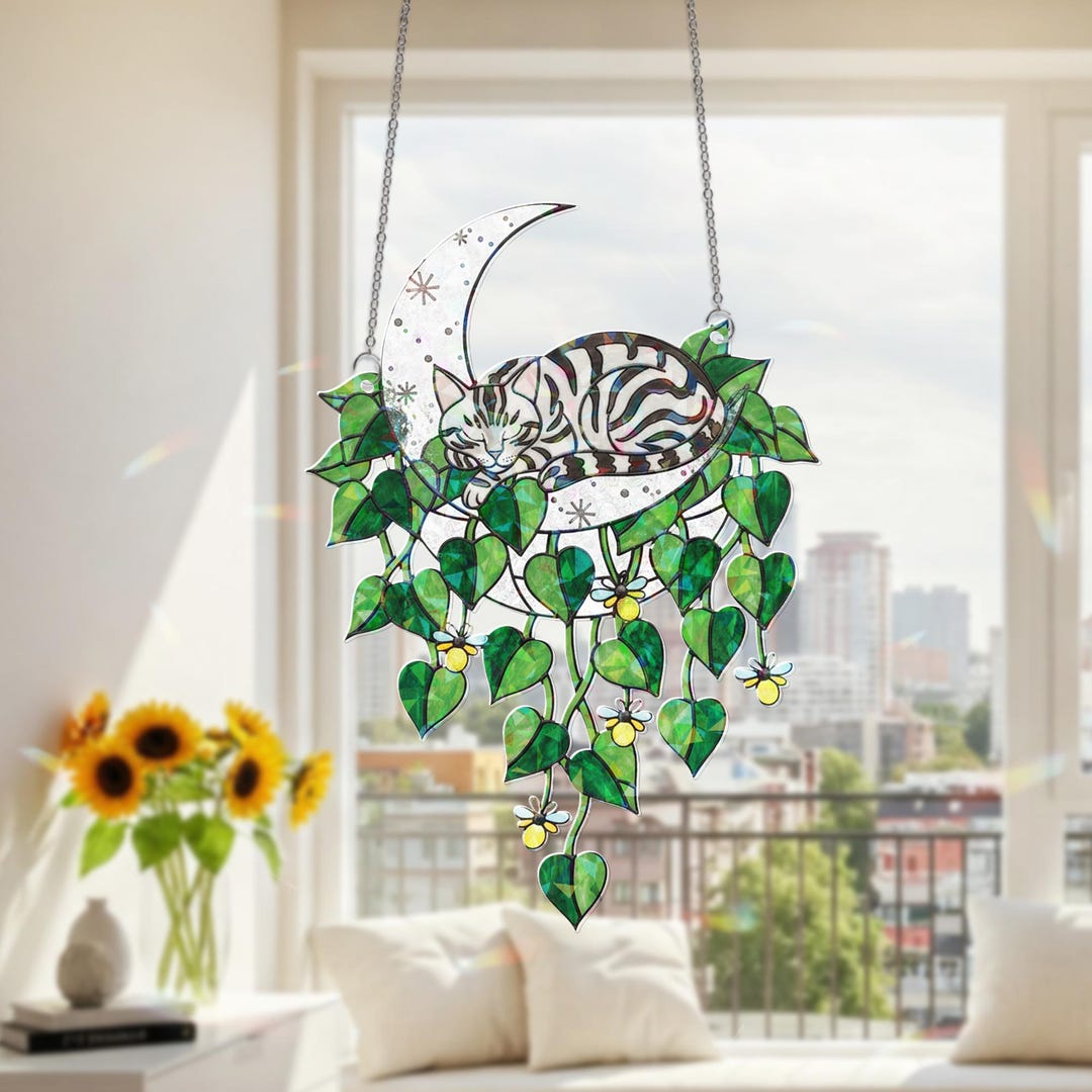 American Shorthair Tabby Cat Suncatcher on Moon, Tabby Cat Window ...