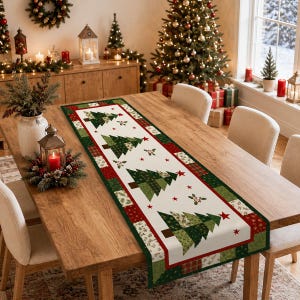 May include: A rectangular table runner featuring a white center panel decorated with a repeating pattern of green patchwork-style Christmas trees, small red stars, and holly sprigs, bordered by a wide frame of green, red, and white plaid fabric.