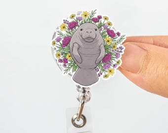 Floral Manatee Retractable Badge Reel, Cute Animal ID Holder