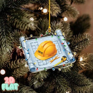 Personalisierte Architekt 2D FLACH Verzierung mit Schutzhelm und Blaupause, kundenspezifische Bauarbeiter Weihnachtsgeschenk, Ingenieur Urlaub Dekor