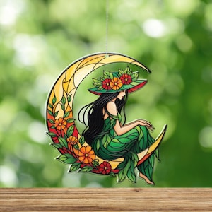 Witch on Moon ACRYLIC Window Hanging, Fall Home Decoration, Halloween Crescent Wall Art with Flowers and Autumn Decor, Witch Wall Hanging