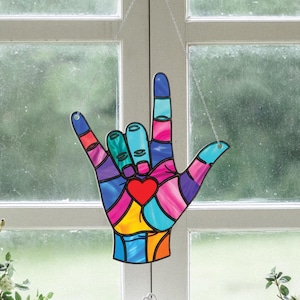 ASL Kocham Cię Znak Ręczny AKRYL Okno Wiszące, Kolorowy Język Migowy Serce Okno Sztuka, Prezent Świadomości Głuchych, Tęczowy Wystrój, Wystrój Szpitala